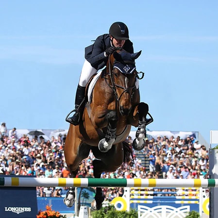 A horse rider sitting on a horse with the horse jumping off a hurdle