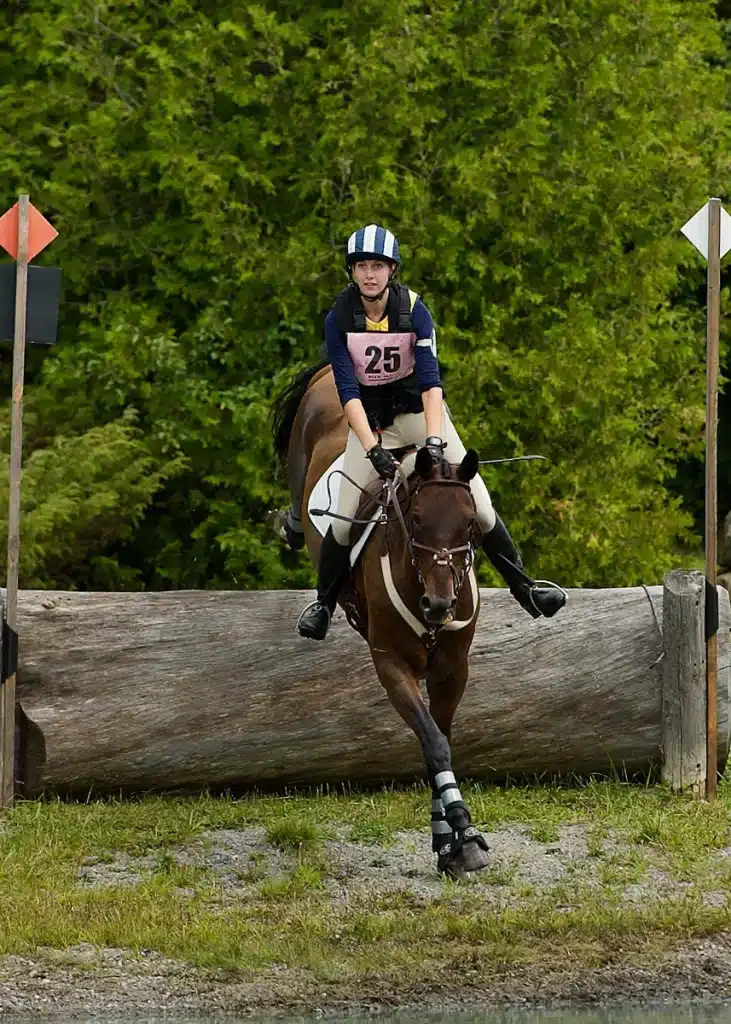 A strong horse jumping off a hurdle with a rider